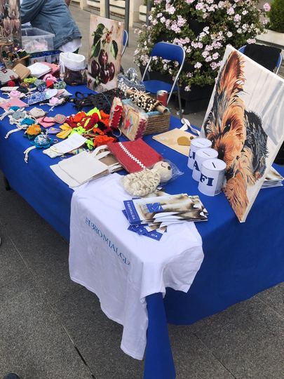 Mesa solidaria de ALUFI con folletos y productos artesanales